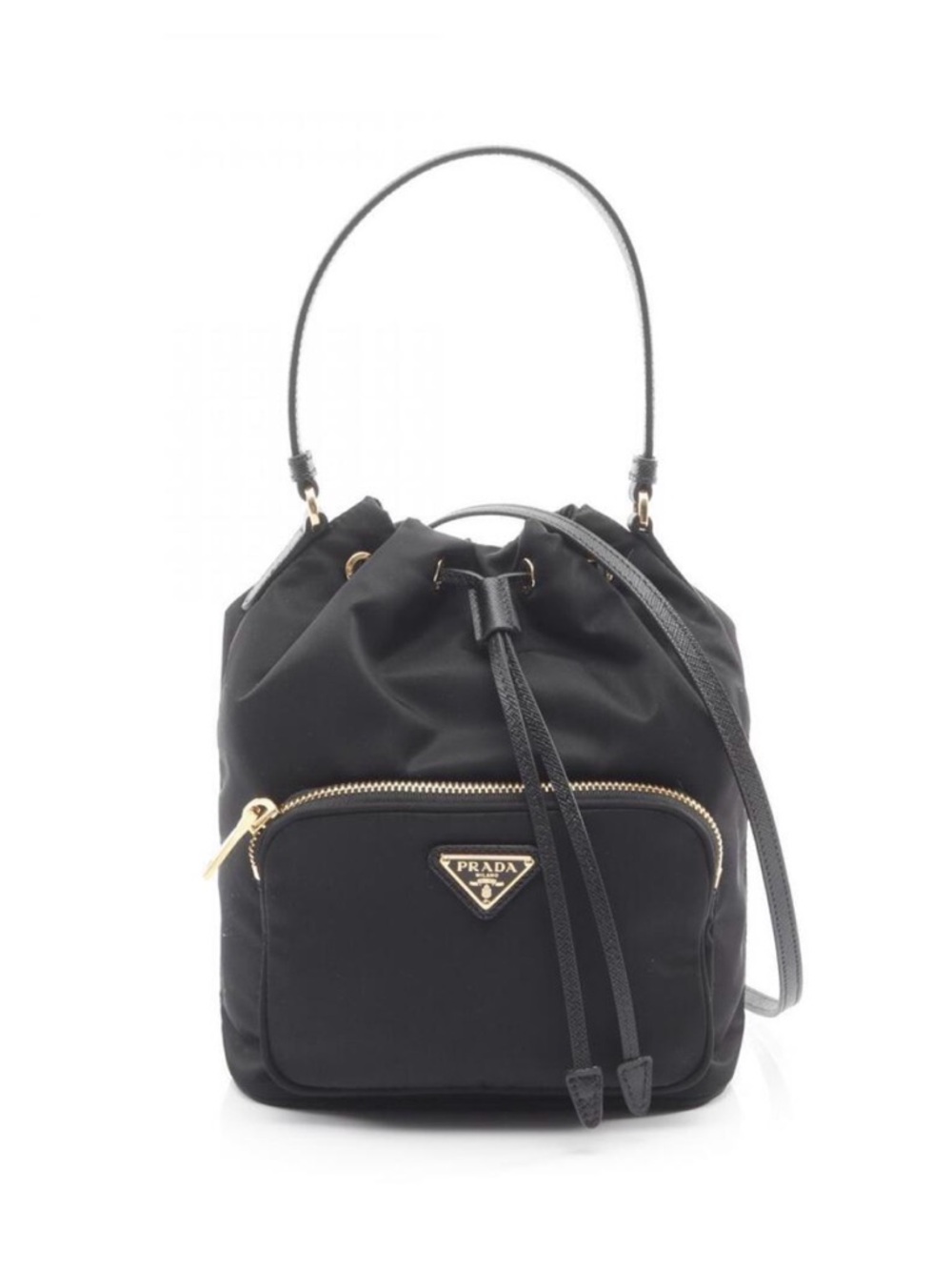 Prada Black Nylon Drawstring Bucket with Front Zip and Gold Trim